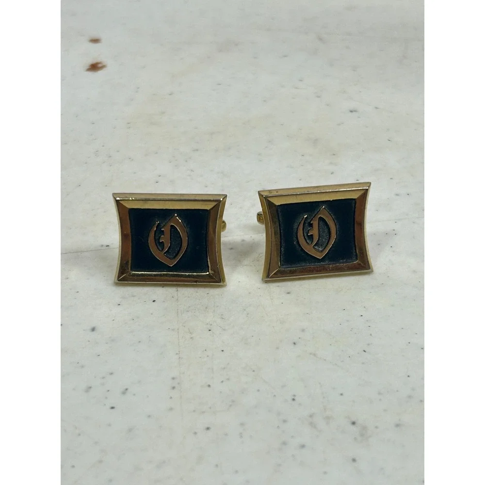Vintage Hickok USA Gold Tone Black Enamel Initial G Square Cufflinks Mid Century